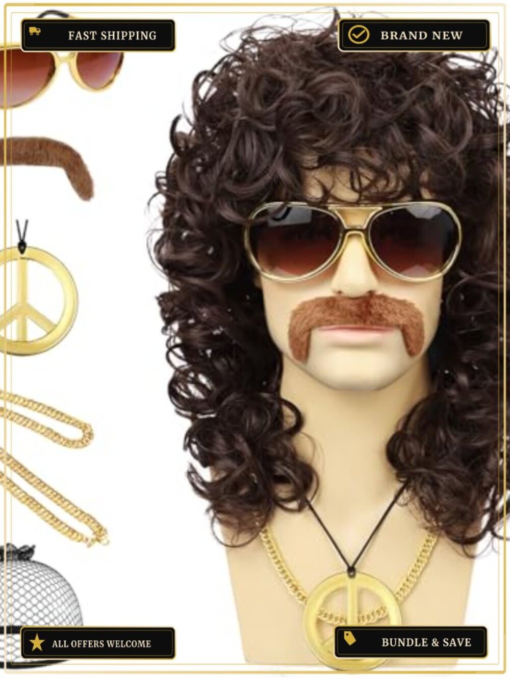 Mens 70s Retro Wig Set Glasses Mustache Chain Peace Necklace Costume